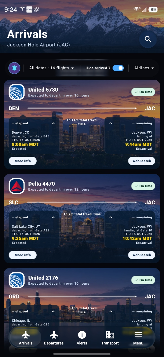 AirTracker arrivals screen showing flight cards with routes, departure times, and arrival information for Jackson Hole Airport.